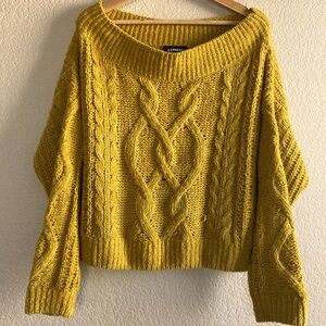 EXPRESS Mustard Yellow Off-the-Shoulder Cable Knit Sweater